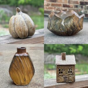 Collage of Ceramic Pieces for Exploring Clay Using Construction and Slabs Workshop at The Village Potters